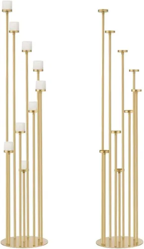 Vista 12 de 2 portavelas altos para velas de pilar, candelabros negros de 9 brazos, centro de mesa para velas de pilar cónico, centros de mesa florales