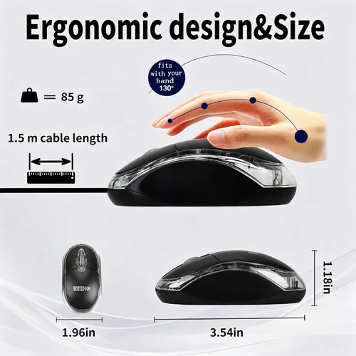 Vista 2 de SOONGO - Ratones ópticos con cable USB para computadora portátil, color negro, cable de 4.9 ft