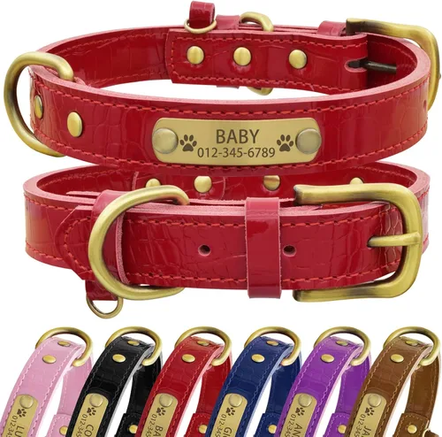Vista 7 de Collar de perro de cuero genuino personalizado Senristar con placa de nombre grabada - Collar para perro duradero y elegante personalizado para Negro