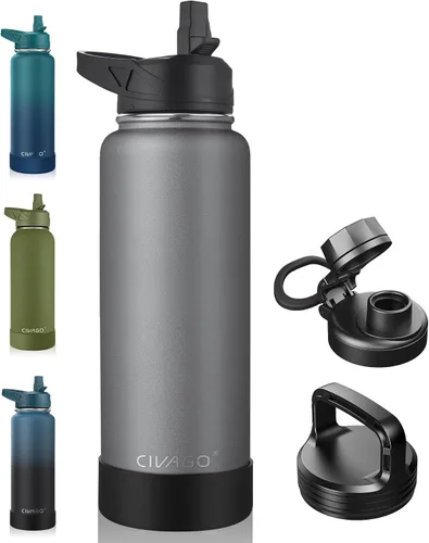 Vista 20 de CIVAGO Botella de agua aislada de 22 onzas con pajita, frasco de agua deportiva de acero inoxidable con 3 tapas