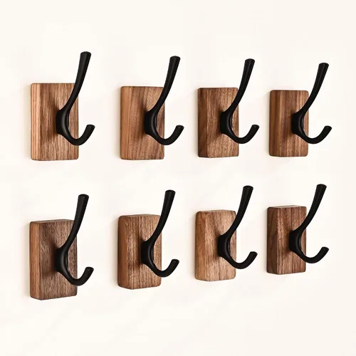 Vista 13 de Perchero de pared pequeño de madera de nogal de 17.3 pulgadas con 4 ganchos, colgador de chaquetas de madera resistente montado en puerta