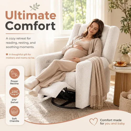Vista 8 de Mecedora reclinable giratoria eléctrica, gran comodidad, para guardería, color crema Mecedora suave con almohada lumbar y puerto de carga USB