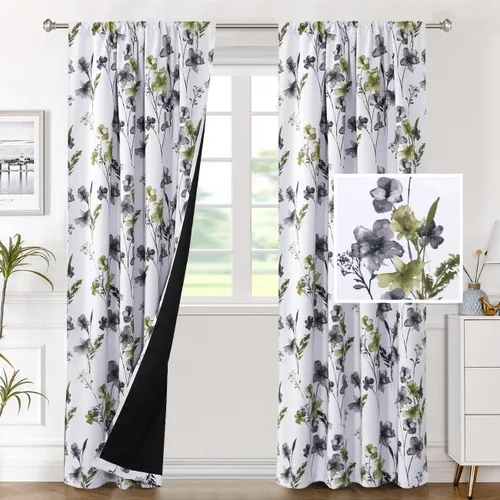Vista 29 de H.VERSAILTEX cenefas de cortina 100% opacas para ventanas de cocina, juego de 2 paneles, estampado floral Cattleya Leah, cenefas térmicas aisladas