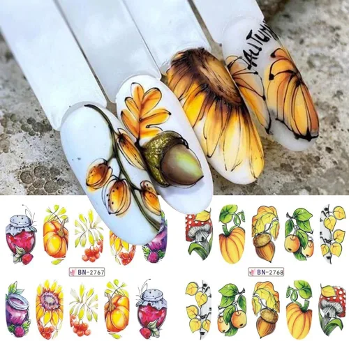Vista 6 de 12 hojas de calcomanías de uñas de otoño de Acción de Gracias para arte de uñas, hojas de arce, calcomanías de calabaza para uñas de transferencia