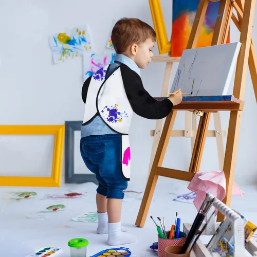 Vista 5 de Batas artísticas para niños, delantal de pintura con manga y 3 bolsillos, juego de 2 unidades, color negro y blanco