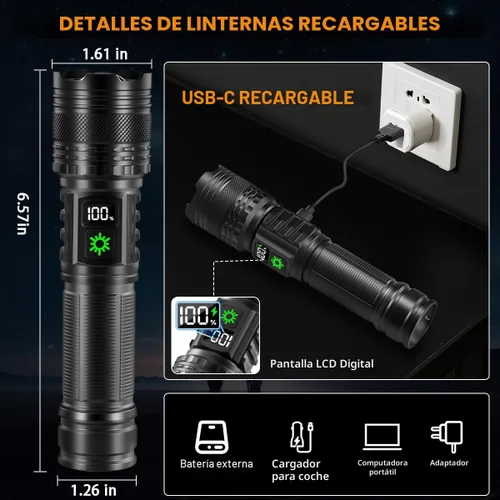 Vista 3 de Paquete de 3 linternas recargables de alto lúmenes 9900FL, linterna LED recargable con pantalla digital LCD, 5 modos de luz de flash ajustable