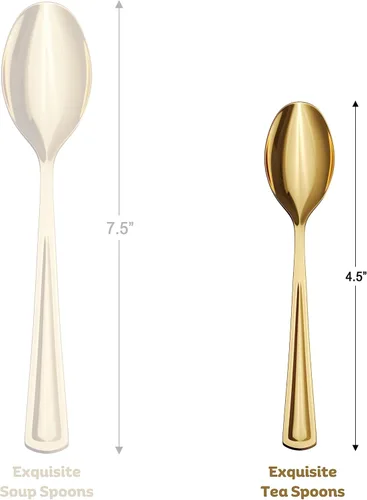 Vista 2 de Exquisite Cucharas de té de plástico doradas de alta resistencia, 120 piezas de cubiertos de plástico dorado, juego de cubiertos desechables de alta