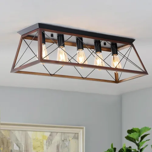 Vista 16 de 31.5" Flush Mount Ceiling Light Fixture, 5-Light Vintage Industrial Cage Chandelier for Dining Room, Kitchen Island, Living Room, Dimmable Semi