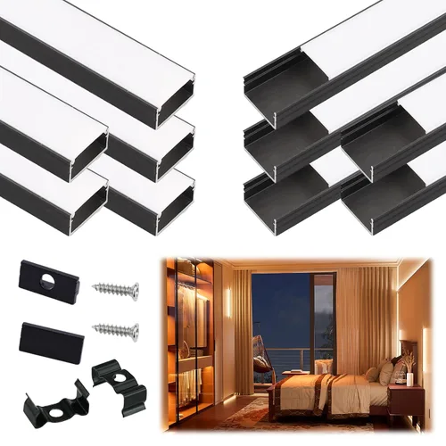 Vista 12 de Muzata Paquete de 20 canales LED de aluminio negro con cubierta blanca lechosa U102 BW 1M 18x8.5mm Wide LED Channel, Fits Up to 16mm Strips, U102