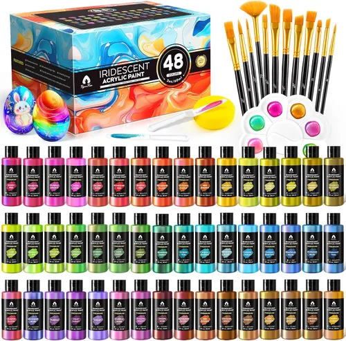 Vista 14 de Juego de pintura acrílica iridiscente de 40 piezas con 12 pinceles, 2 cuchillos y paleta, 24 colores (2 onzas/60 ml) - para adultos, artistas
