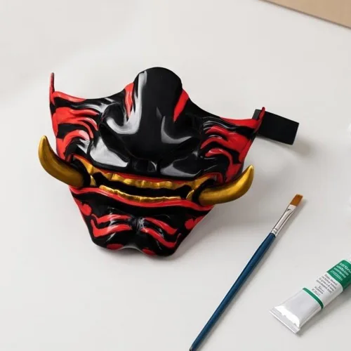 Vista 3 de Máscara de media cara de samurái japonés, máscara de cosplay de Hannya Oni para fiesta de Halloween, accesorios de cosplay