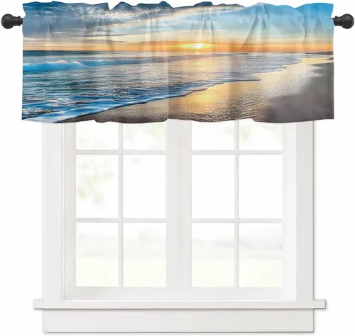 Vista 44 de Cortinas de cenefas para sala de estar, Life is Better at The Beach Lindas estrellas de mar sobre tablero de madera azul, cenefa semitransparente