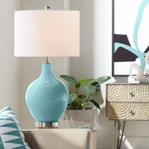 Vista 16 de Color + Plus Lámpara de mesa moderna de 28.5 pulgadas de alto, cristal azul Mónaco OVO blanco con pantalla de tambor de lino para sala de estar