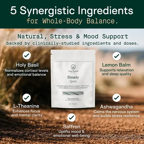 Vista 5 de Adapt Naturals - Suplemento de apoyo para el estrés, la ansiedad y el estado de ánimo para mujeres y hombres con Ashwagandha, L-teanina, albahaca