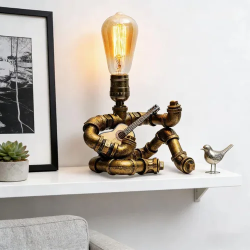 Vista 4 de Lámpara de mesa de guitarra musical, lámpara de mesa robot de guitarra steampunk, lámpara steampunk de guitarras retro, lámpara de robot de tubo