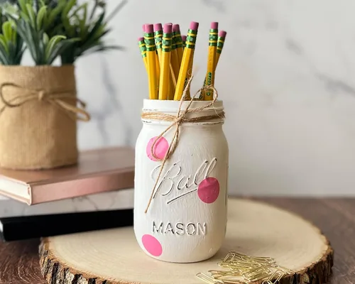 Vista 3 de Centros de mesa de tarro de masón pintado para mesas, tarros de pinta para centros de mesa, soporte para bolígrafos de tarro pequeño, decoración