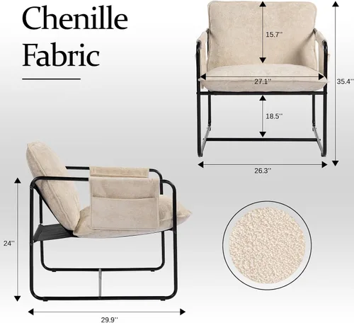 Vista 2 de Silla de acento moderna, cómodas sillas de sala de estar con reposabrazos, silla de lectura para dormitorio, silla de metal tapizada de chenilla