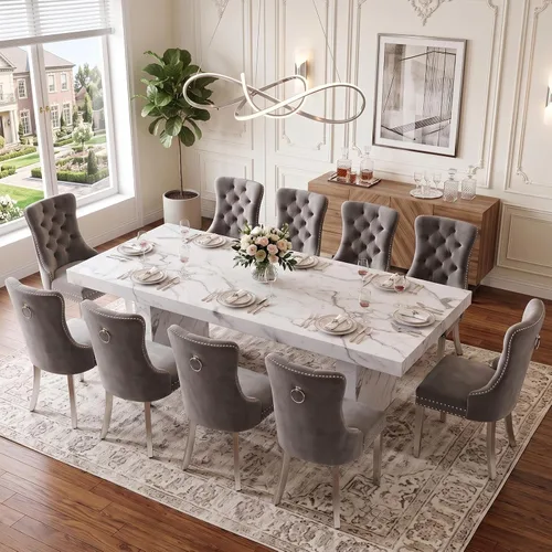 Vista 21 de Ebullient 79" White Dining Table Set for 8, Faux Marble Table & 8 Chairs Cream Chairs