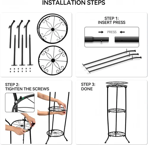 Vista 6 de FAMZ Soporte para plantas para interiores y exteriores, 3 niveles de alto, soportes de metal negro para plantas, estante redondo de 35 pulgadas