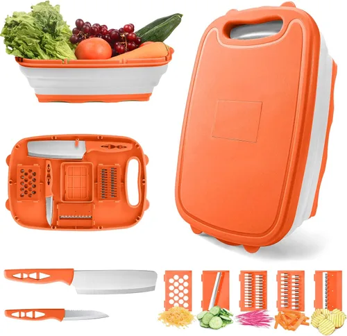 Vista 11 de Tabla de cortar para acampar, HI NINGER - Tabla de cortar plegable con colador, tabla de cortar multifuncional 9 en 1, cesta de lavado de verduras