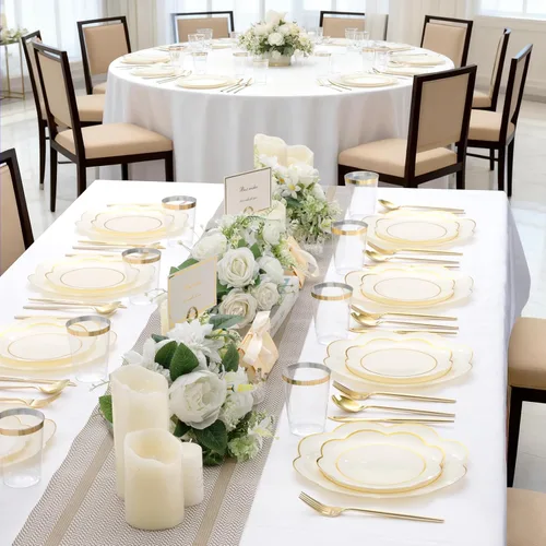 Vista 4 de ejonirinjonir EI - 180 platos de plástico beige con cubiertos de plástico dorado, platos desechables de alta resistencia para fiestas, juego