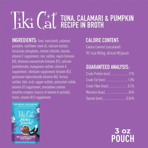Vista 4 de Tiki Cat Aloha Friends, Atún, Calamares y Calabaza, sin granos y alta humedad, alimento húmedo para gatos para todas las etapas de la vida, bolsa