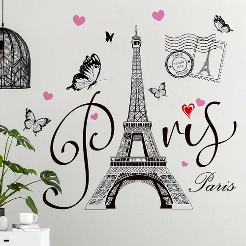 Vista 6 de Gueevin 2 hojas de calcomanías de torre Eiffel para dormitorio, sala de estar, sofá, telón de fondo, TV, decoración romántica de pared