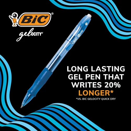 Vista 2 de BIC Gelocity Original - Bolígrafos de gel azul, punta media (0.7 mm), paquete de 12 unidades, bolígrafos de gel retráctiles con empuñadura cómoda