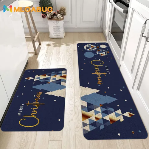 Vista 2 de Mloabuc - Juego de 2 alfombrillas de cocina de Merry Christmas, antifatiga, impermeables, resistentes a las manchas, alfombra azul decorativa
