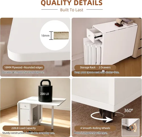 Vista 6 de COMUHOME Mesa de comedor plegable con almacenamiento para espacios pequeños Diseño plegable, 4 ruedas, 2 cajones y gabinete, madera contrachapada