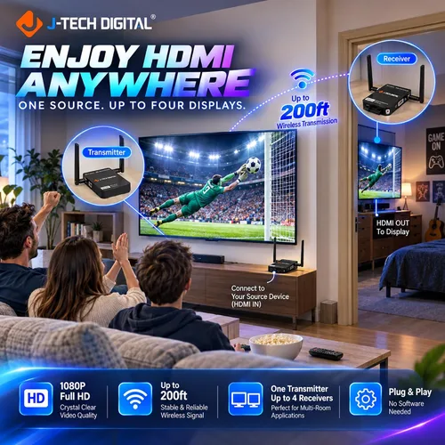 Vista 8 de J-tech Digital serie HDbitT de 1 x 2 inalámbrico HDMI se Extiende a 660 pies Antena doble admite full HD 1080P con transmisión de señal IR