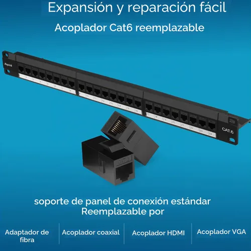 Vista 3 de Rapink Panel de conexión de 24 puertos Cat6 con soporte Keystone en línea 10G, panel de conexión con acoplador de paso UTP de 19 pulgadas con barra