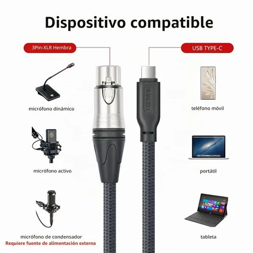 Vista 2 de Cable de micrófono XLR hembra de 3.3 pies a USB C, USB C a XLR para micrófono dinámico iPhone 15, iPad, portátil, tableta