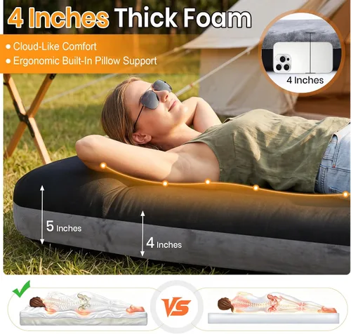 Vista 6 de Colchoneta de dormir autoinflable con bomba eléctrica, colchoneta de espuma ultra gruesa de 4 pulgadas para acampar con almohada integrada, 9.5