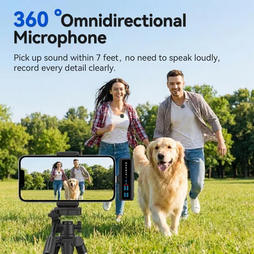 Vista 7 de AIRHUG Micrófono Lavalier inalámbrico para iPhone/Android/PC, batería de 60 horas, 48 KHz 24 bits, relámpago Plug-Play/USB-C, 3 modos de grabación