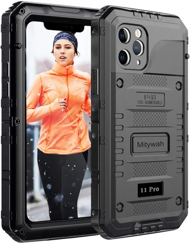 Vista 24 de Mitywah Funda impermeable para iPhone 11, resistente y duradera, de metal, protección de pantalla integrada, impermeable, a prueba de golpes, a Negro