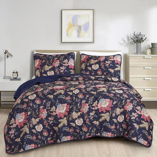 Vista 23 de ESCA - Juego de colcha de 3 piezas, tamaño Queen, con estampado de girasoles amarillos reversible, floral negro y verde
