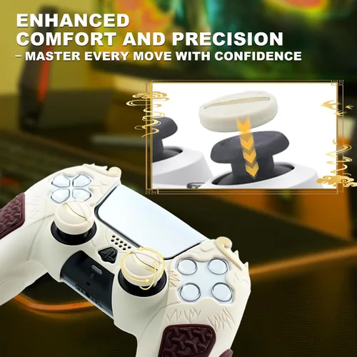 Vista 5 de Grip Cover for PS5 Controller, Wukong-Inspired Ergonomic Silicone Cover with Fiery Eyes Joystick Caps, Chainmail Grip Design & Somersault Cloud Back