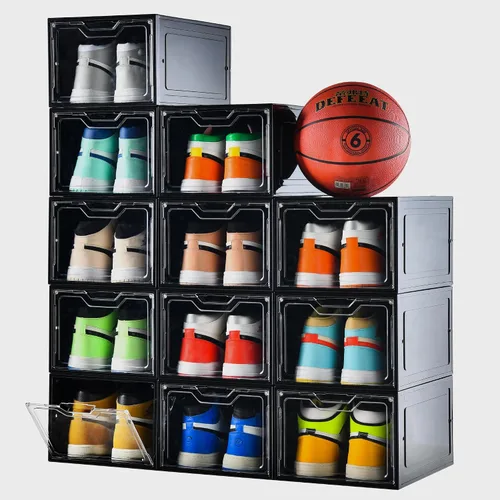 Vista 7 de Paquete de 10 cajas grandes para zapatos de plástico transparente apilables, organizador de almacenamiento de zapatos con tapas, estante