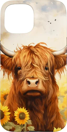 Vista 6 de Highland Cow Animal Lover Watercolor Sunflower Case for iPhone 17