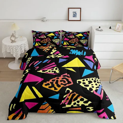 Vista 19 de Juego de edredón de estilo retro de los años 80, juego de ropa de cama de patrón geométrico abstracto, diseño urbano moderno con círculos