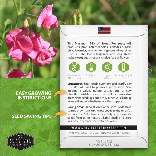 Vista 2 de Survival Garden Seeds - Semilla de guisante dulce de mamut para plantar - Paquete con instrucciones para plantar y cultivar flores fragantes en su