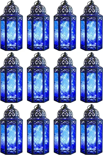 Vista 30 de VELA LANTERNS Juego de 2 portavelas decorativos de LED con luces de hadas de 12" de metal marroquí para colgar o mesa, decoración del hogar