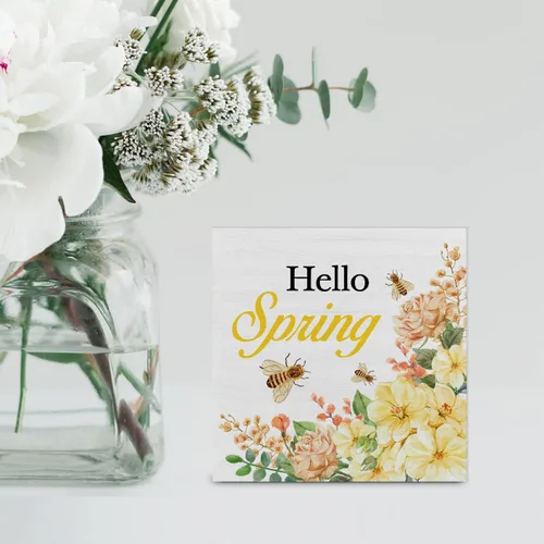 Vista 5 de Letrero de madera con diseño de flores de primavera de campo, decoración de escritorio, tulipanes florales, con cita de Hello Spring, caja