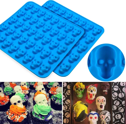 Vista 3 de Sidosir 4 moldes de chocolate con calavera de gomita, moldes de caramelo de calavera de gomita, moldes de silicona antiadherentes con 2 cuentagotas