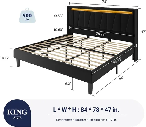 Vista 2 de Allewie Base de cama LED tamaño King con estación de carga, cama de plataforma tapizada en terciopelo con cabecera geométrica tipo wingback, marco