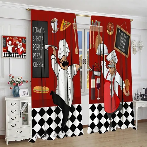 Vista 3 de Cortinas de cocina de chef, cortinas de cocina con tema de cocinero gordo para dormitorio, sala de estar, juego de 2 paneles de cortina de cocina a