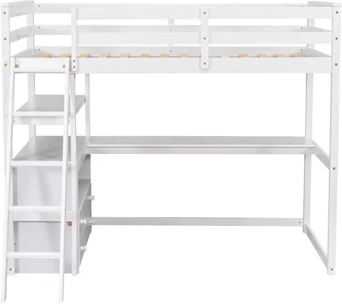 Vista 8 de Merax Cama tipo loft de madera de tamaño individual con escritorio en forma de L, 2 cajones integrados/2 estantes, cama tipo loft multifuncional