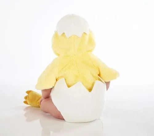Vista 5 de Disfraz de pollo para bebés niños y niñas, de manga corta, con broches de presión, mameluco de felpa para recién nacido, disfraz de huevo de pollo
