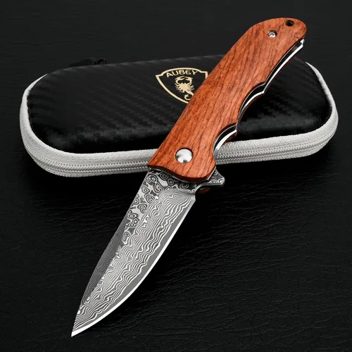 Vista 10 de Cuchillo de bolsillo de Damasco AUBEY con clip, cuchillos plegables con hoja de acero Damasco VG10, mango de madera, cuchillos EDC plegables